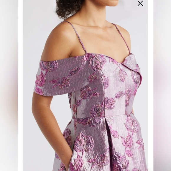 Beaded Floral Jacquard Cold Shoulder Cocktail Dress - Picture 2 of 7